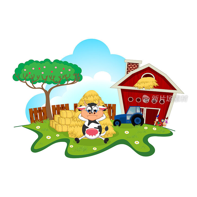 Sleepy cow cartoon in a farm for your design